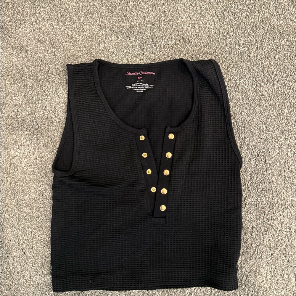 Black Sleeveless Waffle Henley Tank with Gold Buttons